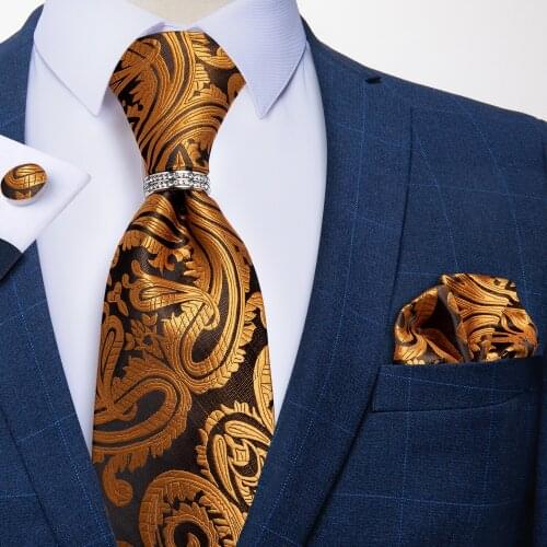 DiBanGu New Gold Floral Paisley Mens 8cm Necktie Luxury Silk Jacquard Woven Tie Hanky Cufflinks Ring Set For Wedding Party