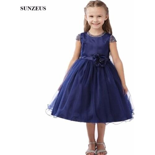 A-line Beaded O-neck Cap Sleeve Flower Girl Dress Tea Length Navy Blue Wedding Party Gowns Free Shipping FLG063