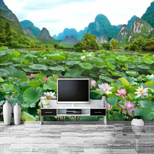 Custom 3D Photo Wallpaper Lotus Leaf Flower Green Mountain Landscape Mural Dining Room Living Room Sofa TV Background Wall Decor