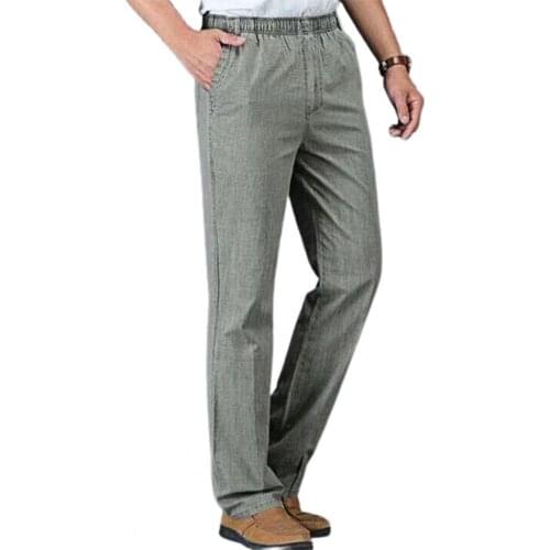 Plus Size Pants Men High Waist Vintage Breathable Elastic Waist Straight Elegant Trousers Thin Pants Business Party 5XL