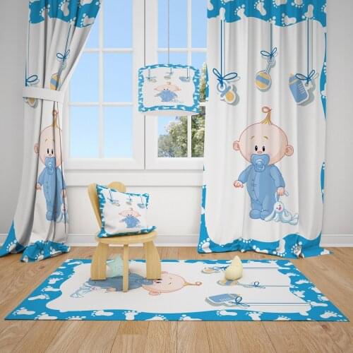 Design Cute Baby Footprint Blue Kids Baby Room Backdrop Curtain 1 Wing