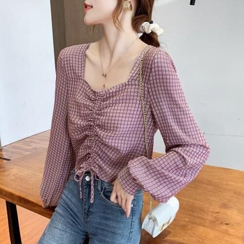 The same design sense niche lace-up plaid shirt long-sleeved short cropped fashion blouse womens autumn