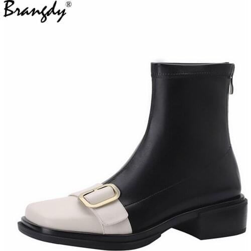 Brangdy 2022 Women Ankle Boots Genuine Leather Splicing Belt Buckle Women Shoes Round Toe Zipper Women Spring Autumn Boots Wedge