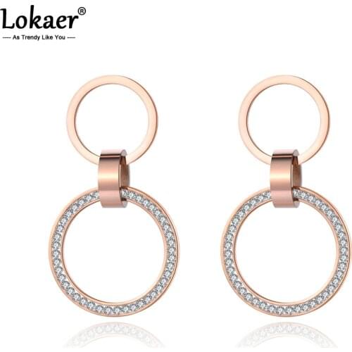 Lokaer Fashion Double Circle Stainless Steel Stud Earrings Rose Gold Handmade Clay White Crystals Ear Jewelry For Women E19010
