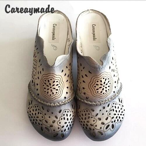 Careaymade-New Summer,Women ethnic style genuine leather slippers,Thick heel middle high hollow flower slippers only size 7