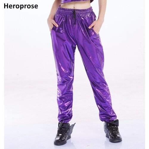 Heroprose New Fashion mid waist dance stage performance wide leg loose long bloomers purple trousers women hip hop harem pants