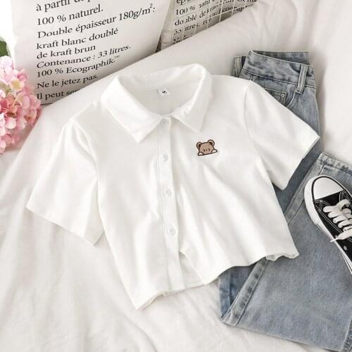 Turn-down Collar Y2k Aesthetic Embroidery Cartoon Ladies Tops Summer White Tees Preppy Style Korean Fashion Woman Tshirts