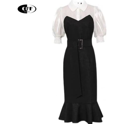 Korean high quality chic office work OL white black midi dresses for women summer plus size elegant bodycon Mermaid dress femme