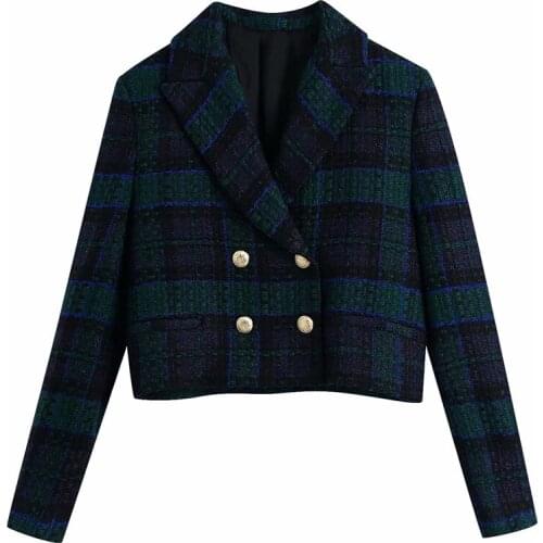 Nice Casual Women Dark Green Double breasted V Neck Coat New Spring-autumn Fashion Ladies High Waist Vintage Female Short Top