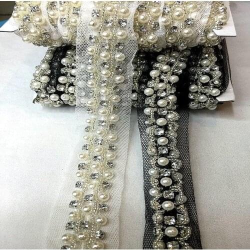 2Yard Pearl Rhinestone Tube Beaded Gauze Lace Trim Ribbon For Sewing Apparel Sewing DIY Bridal wedding Dress Doll Cap Hair clip