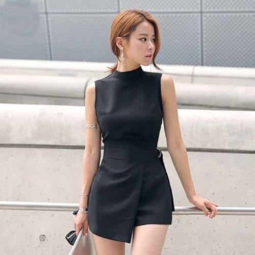 2021summer new Korean fashion slim slimming Office lady Rompers Irregular womens belt black short jumpsuit Solid Skinny Casual
