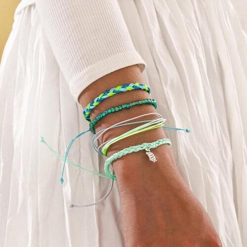 4pcs/set Fashion Boho Multi-layered Bracelet Women Hand-woven Green Cotton Rope Wristband Turtle Pendant Beach Casual Jewelry