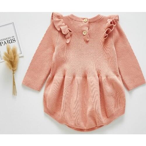 2020 New Baby Spring Autumn Clothing Infant Newborn Baby Girls Knitted Bodysuit Long Sleeve Solid Ruffled Jumpsuit Outfit Set