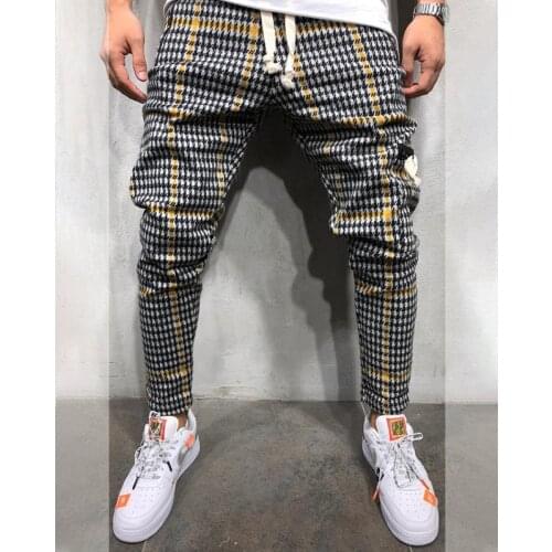 Mens Slim Casual Sports Stripe Pants Streetwear Plaid Jogger Fitness Drawstring Elastic Hip Hop Trousers Bodybuilding Pockets