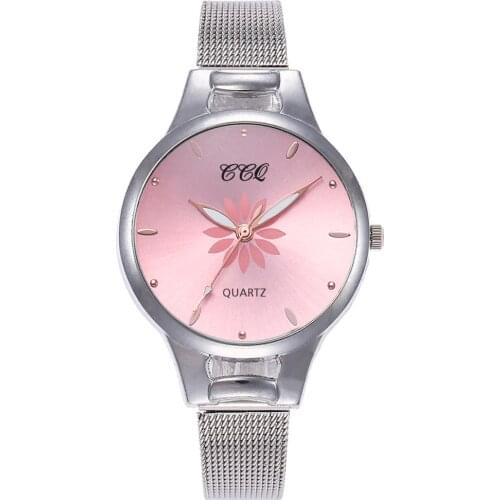 CCQ Brand Women Silver Mesh Belt Flowers Dial Wristwatches Ladies Quartz Clock Fashion Wrist Watches Reloj Mujer