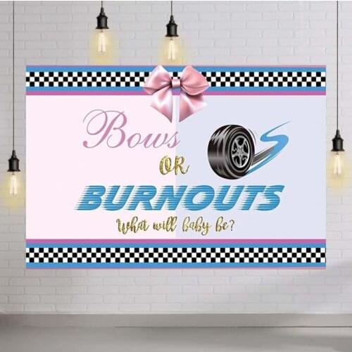 Burnouts or Bows Gender Reveal Backdrop Boy or Girl Baby Shower Party He or She Props Blue Wheels Pink Bowknot Background