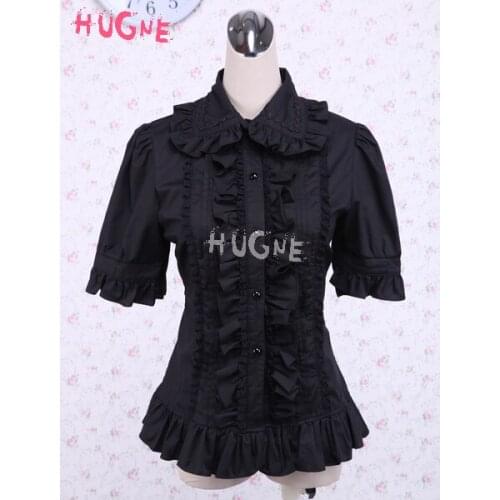 Gothic Japanese Lolita fashion Cotton Ruffle Short Sleeve turn down collar Black Lolita Blouse tailor plus size