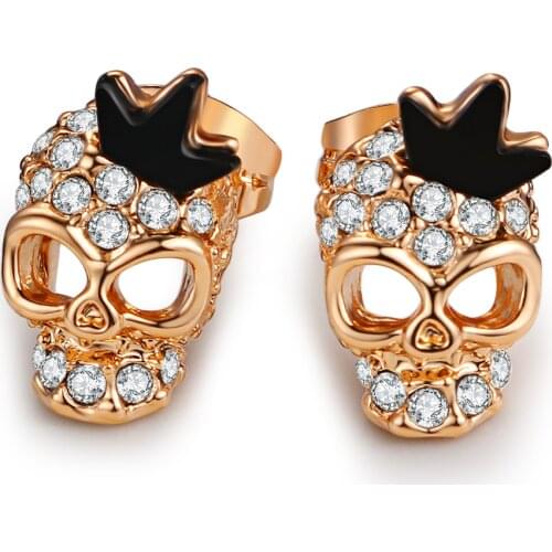 Gothic Skeleton King Skull Stud Earrings For Women Punk Luxury AAA+ Cubic Zirconia Rose Gold Color Womens Crown Jewelry E705