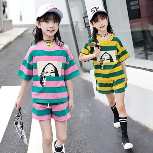 Korea Style Girls Clothing Sets Big Girls Short Sleeve Striped T-Shirt + Shorts Fashion Summer Clothes