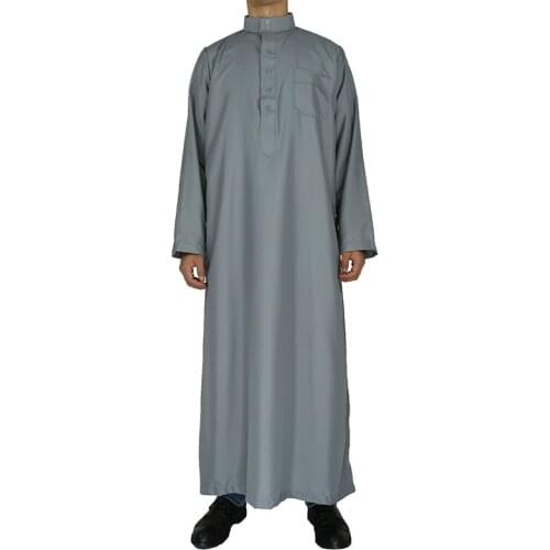 Men Qatar Muslim Moroccan Islamic Style White Gray Long-Sleeved Stand-Up Collar Plus Size Arabian Robe Shirt Men Worship Robe