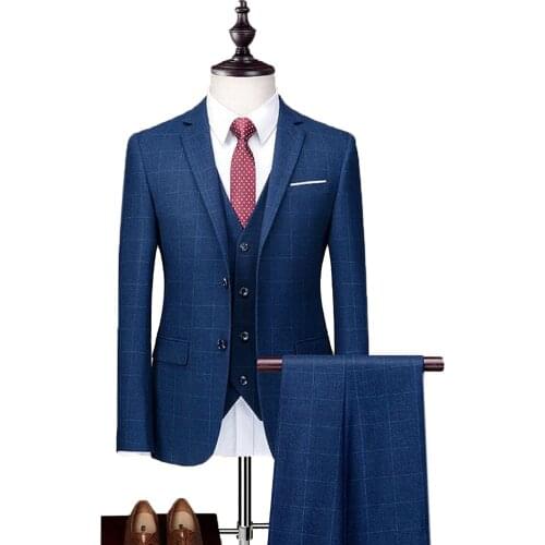 Mens Plaid Suit 3 Pieces Wool Tweed Tuxedos Blazer Formal Groomsmen Suits (Blazer+Vest+Pants)