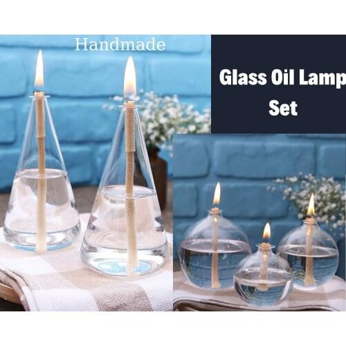 Glass Oil Lamp Set of 5 -Conical Decor Small Oil Lamp Modern Kerosene Lamp Bedside Light Glass Candle