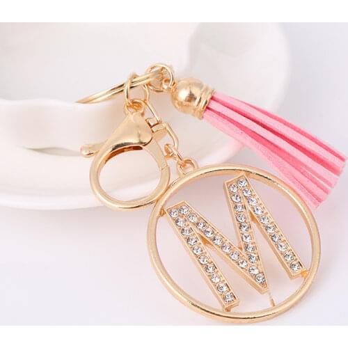 26 English Alphabet Women Key Chain for Car Key Holder Round Pendant Tassel Keyring Charm Gold Ornaments Female Keychain Trinket