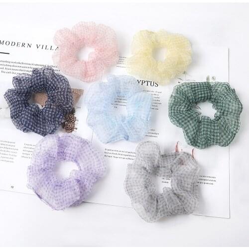 New Year Clear Transparent Organza Hair Scrunchy For Women Office Plaid Pattern Mesh Schrunchy Girls Hairbands