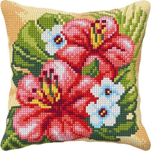 Cross Stitch Cushion Front Hibiscus Flowers Needlepoint Kits Printed Canvas Chunky Yarn Cross-stitch Pillow Case Arts & Crafts