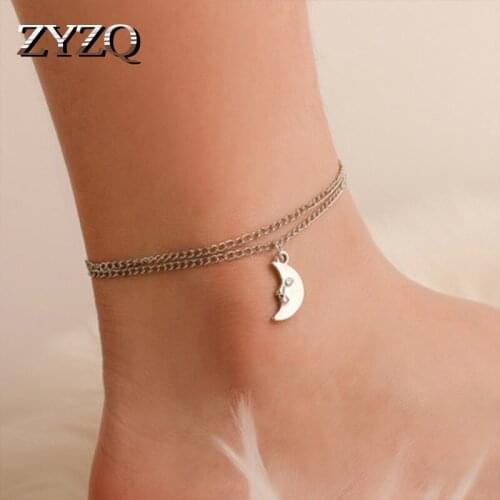 ZYZQ Simple Vintage Double Layered Thin Chain Anklets For Women With Cute Moon Pendant Birthday Gift For Girlfriend Wholesale