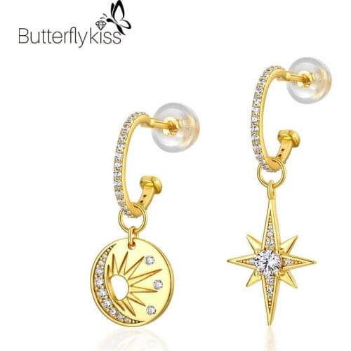 BK Real 925 Silver Unusual Earrings For Women 3.8g Stars Sun Zircon Stud Earrings Wedding Engagement Fine Jewelry Gift To Lady