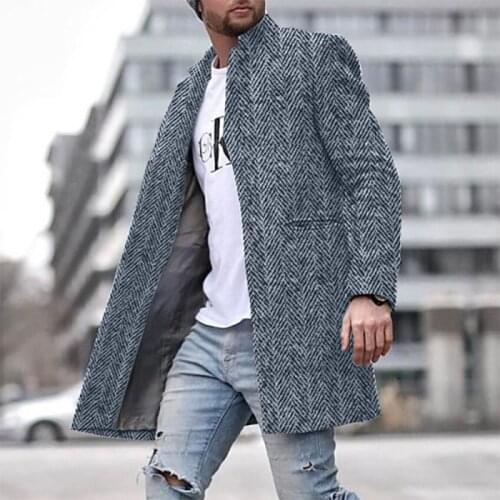 Woolen Coat Windbreaker 2021 Mens Stand Collar Herringbone Casual Jacket Mens Slim Fit Windbreak Long Outwear Men Winter Coats