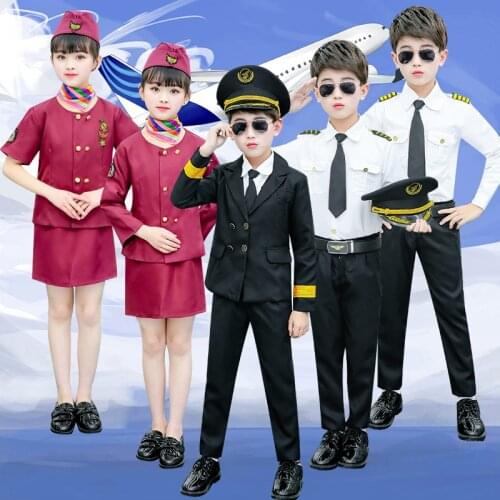 Pilot Uniform Stewardess Cosplay Halloween Costume For Kids Boys Girls Disguise Captain Performance Show