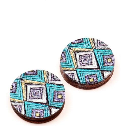 Unique 3D Geometry Embossed 16mm Round Coloured Drawing pattern Laser Cut wood Cabochon DIY for Rings, Earring,Brooch,Necklace