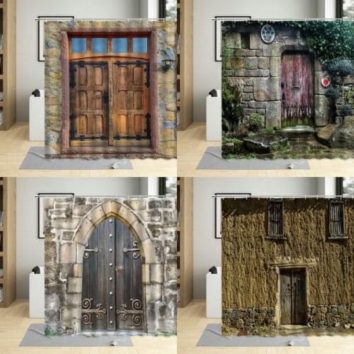 Shower Curtain Vintage Moroccan Wooden Gate Door Classical Stone Wall Building Pattern Bathroom Curtains Home Decor With Hooks