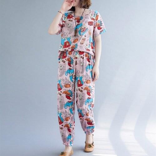 Loose Tops Harem Pants Two Piece Women Clothes Set Office Lady OL Work Summer Set Thin Soft Cotton Satin Print Casual Set Suits