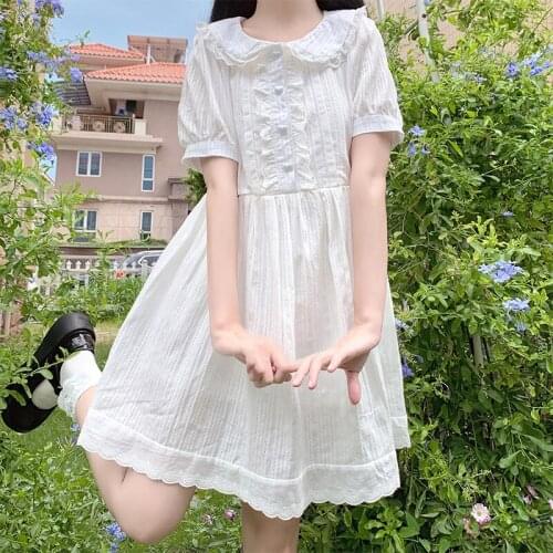 Japanese Soft Girl Dress Sweet Y2k Short-Sleeve Women Costume Summer Kawaii Cute Lace Dresses Female 2021 New 90s White Clothing