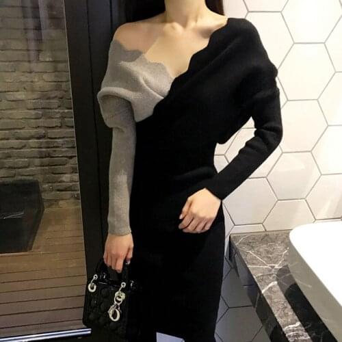 Knitted Dress Women Slim Long Sleeve V Neck Sexy Hit Color High Waist Sheath Bodycon Sweater Dress Ruffle Pencil Vestidos f1344