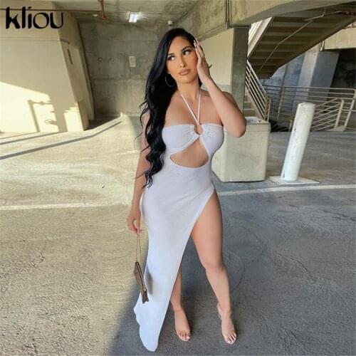 Kliou Solid Knitting Maxi Dress For Women Sexy Hollow Out Clothing Sleeveless Off Shoulder Lace Up Clubwear Hot Female Skirt