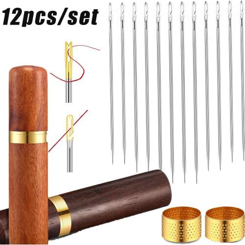 2Pcs/set Blind Threading Needle +Sewing Ring for Sewing Household Apparel Beading Needles Big Hole Stainless Steel Needle