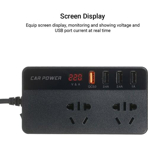150W Portable Power Inverter DC 12V to AC 220V Car Inverter Converter Transformer Voltage Display 2 AC Outlets 4 USB Ports