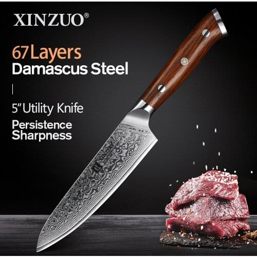 XINZUO 5"inch Utility Knife Japanese Damascus Steel Kitchen Knife New Pro Chef Knives Paring Peeling Knives with Rosewood Handle