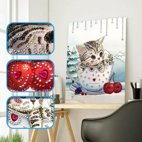 Special Shaped Diamond Painting Crystal Shining Cat Cup Diamond Embroidery Partial Round Rhinestones Cross Stitch Crafts 20x30cm