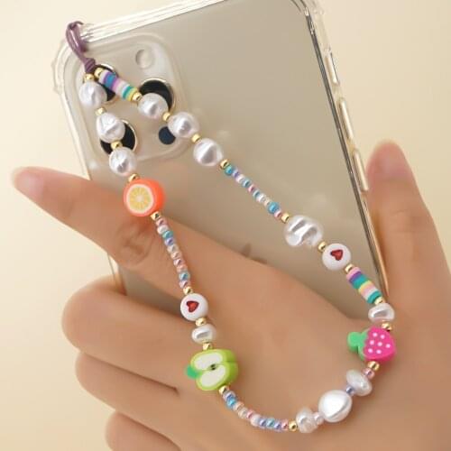 Korean Chain For Phone Case Funny Fruit Charm Beads Pearl Phone Strap Women Telephone Jewelry Mobile Chains Heishi Lanyard