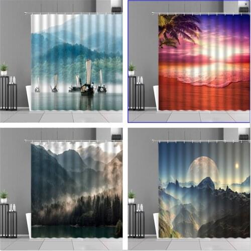 Mountains The Sea Sunrisw Sunset Small Fishing Boat Coconut Tree Bathroom Accessories Home Kitchen Curtain Shower Curtains