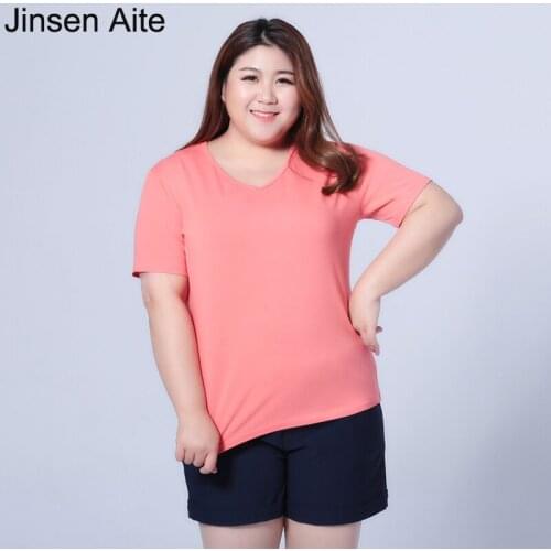 Jinsen Aite Plus Size 3XL-7XL Cotton Women T-shirts Solid Large Size Short Sleeve 2018 Summer New Casual Female Tee Tops JS138