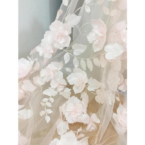 3D Full Blossom Flower Tulle Lace Fabric in Blush , Wedding Gown Bridal Dress Prom Dress Fabric by Yard