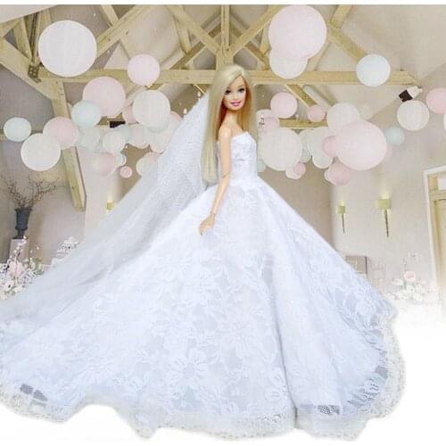 Besegad Girl Dolls Toy Long Lace White Wedding Elegant Dresses Party Outfit Clothes with Head Veil Accessories for Barbie Toy