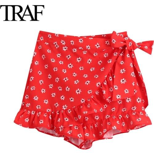 Traf Za Women Clothes 2021 Summer Sexy Mini Floral Print Shorts Chic Ladies High Waist Wide Leg Shorts Ruffle Red Skirts