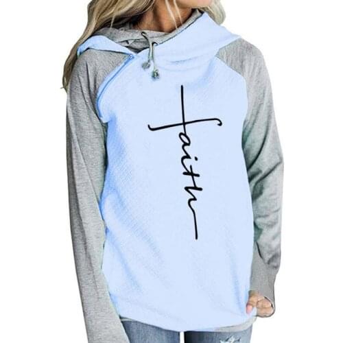 2021 Autumn Winter Patchwork Hoodies Sweatshirts Women Clothes Faith Cross Print Long Sleeve Warm Pullover Sweatshirts Female